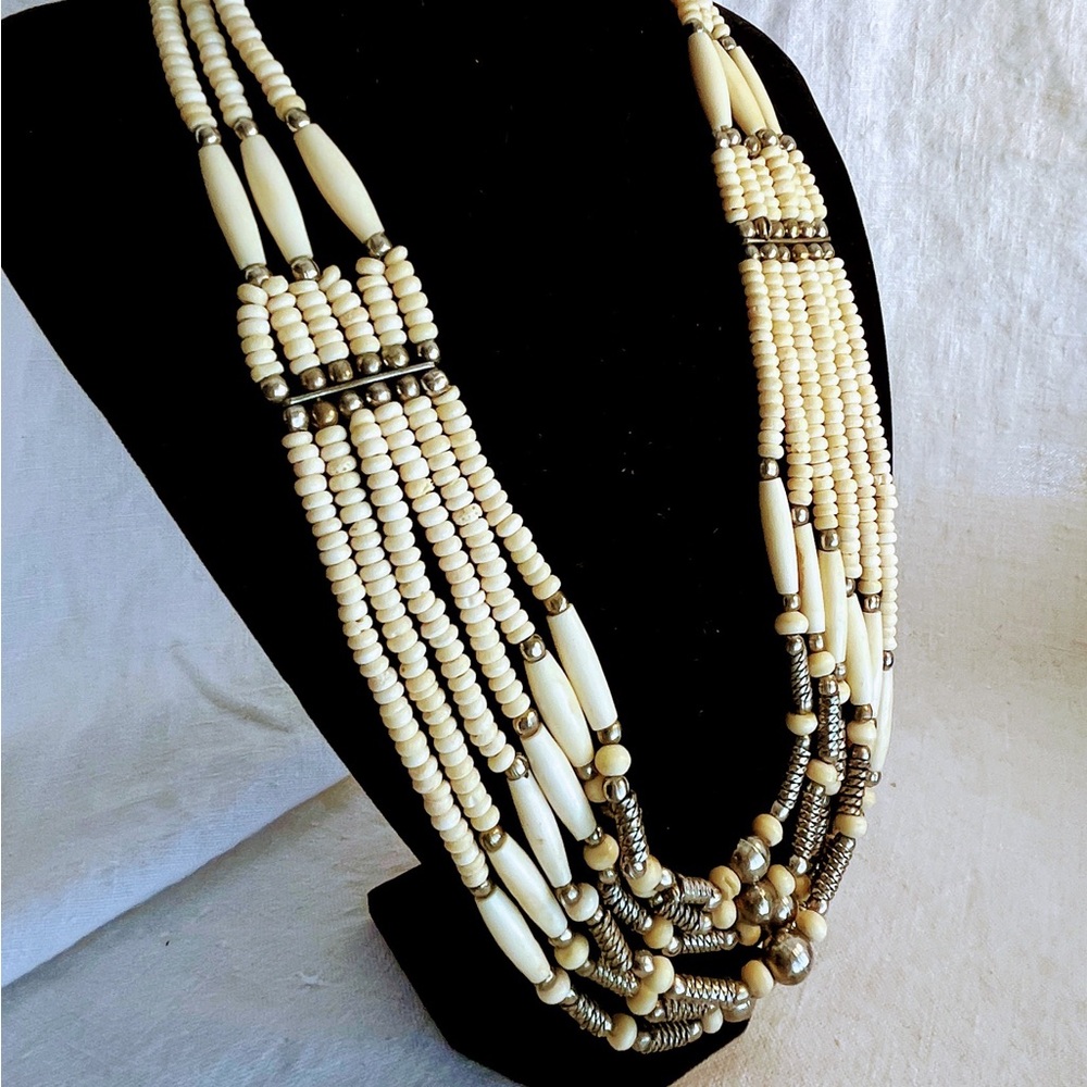 Multi-Strand Cream Bone & silver metal Beaded Necklace Boho